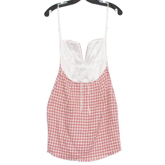 Saints + Secrets Dress Houndstooth Retro Girly Feminine Chic Frayed Hem Pink XS - Picture 5 of 5